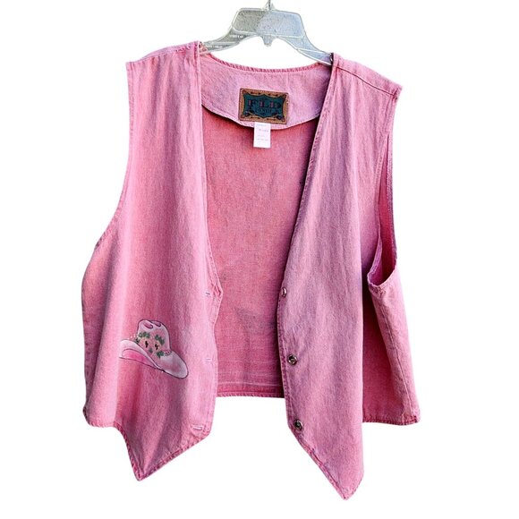 Vintage Pink Denim Western Vest Plus Size XXL Hand Painted Cowgirl Roses - Picture 9 of 11